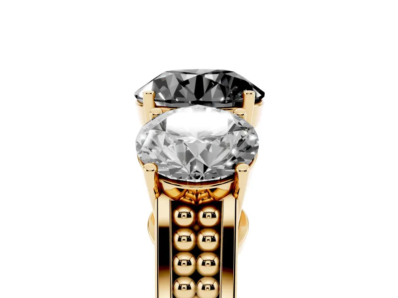 Round Three Stone Engagement Ring Setting for a Black Center | Beaded Shoulders | Yellow Gold