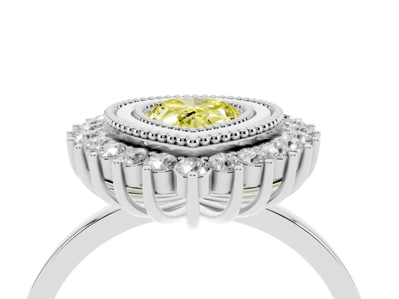 Fancy Yellow Pear Cut Diamond Halo Ring Set in White gold with Milgrain Edge and Round Prong Setting