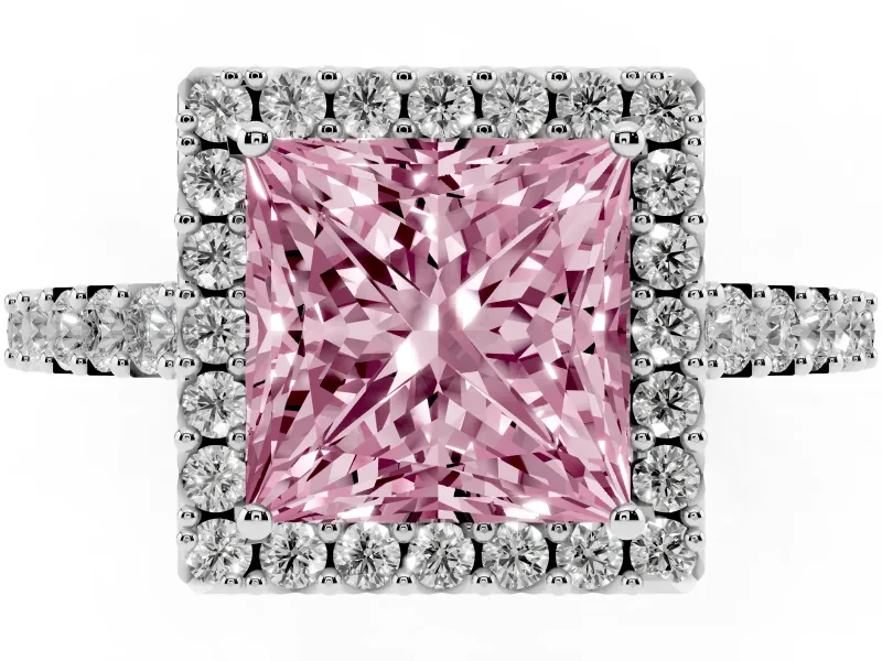 Fancy Pink Princess Cut Diamond Halo Pavé Solitaire Ring Set in White gold with Prong-Set Center Stone