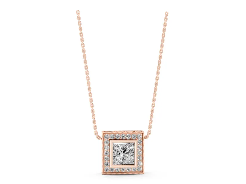 Princess Cut Lab-Grown Diamond Bezel Halo Pendant Necklace | Milgrain Edge | Rose Gold