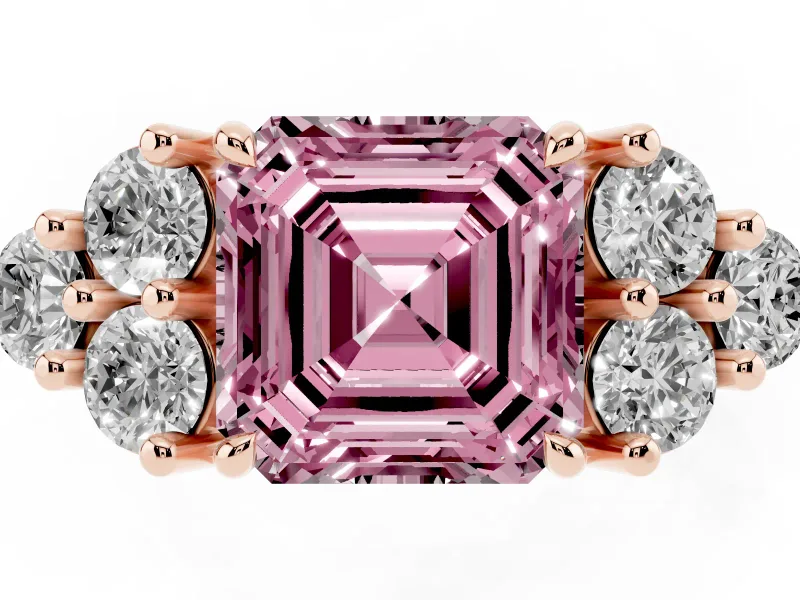 Fancy Pink Asscher Cut Diamond Solitaire Ring Set in Rose gold with Cluster Accents on Each Side
