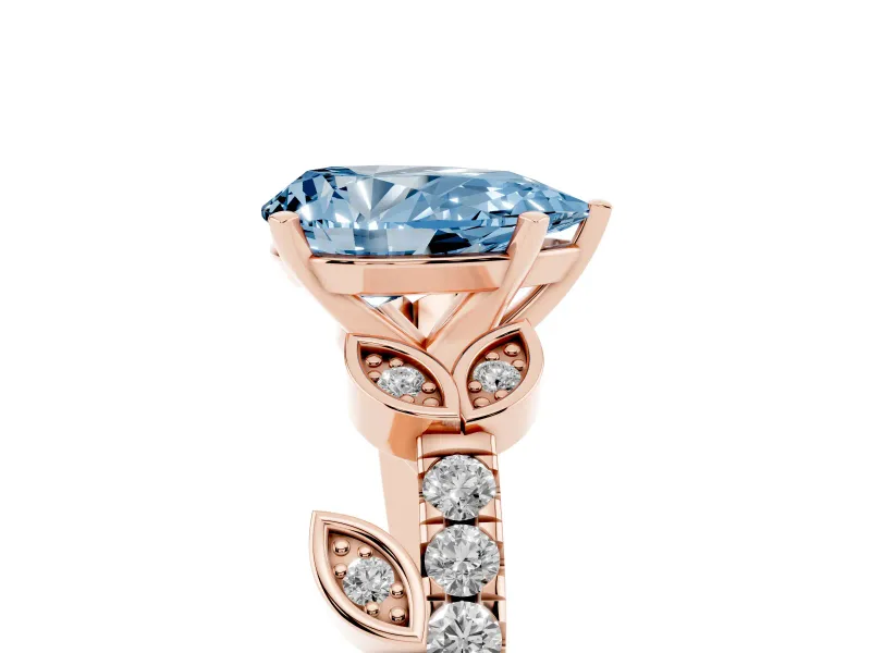 Fancy Blue Pear Cut Diamond Solitaire Leaf-Inspired Ring Set in Rose gold with Pavé Band and Prong Setting