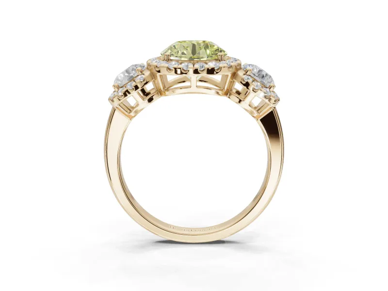 Round Three Stone Halo Engagement Ring Setting for a Fancy Yellow Lab-Grown Diamond | Yellow Gold