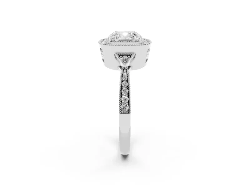 Cushion Cut Diamond Halo Engagement Ring Set in Silver with Milgrain Pavé Band