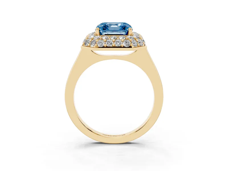 Fancy Blue Asscher Cut Diamond Halo Engagement Ring Set in Yellow gold with Solitaire Band and Prong Setting