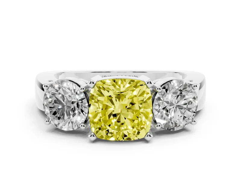 Fancy Yellow Cushion Cut Diamond Three-Stone Ring Set in Platinum with Round Side Stones and Classic Band