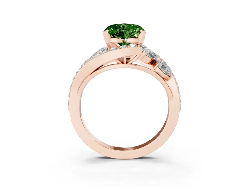 Fancy Green Heart Cut Diamond Halo Ring Set in Rose gold with Marquise and Pavé Band in Prong Setting