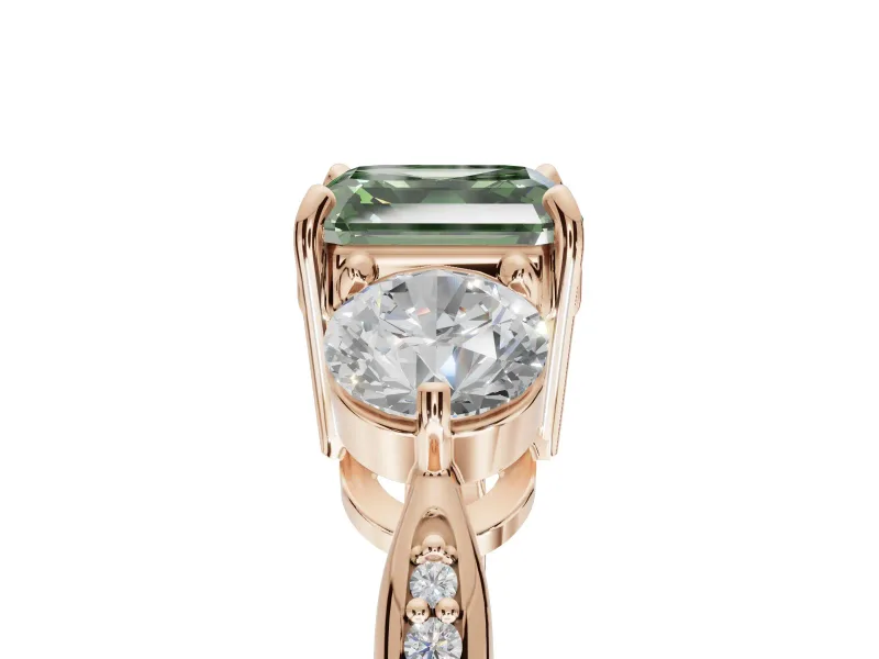 Asscher Cut Three Stone Engagement Ring Setting for a Fancy Green Lab-Grown Diamond | Tapered Pave Band | Rose Gold