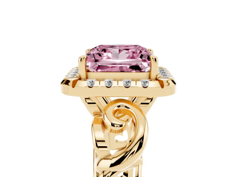 Fancy Pink Princess Cut Diamond Halo Ring Set in Yellow gold with Scrollwork Band and Prong Setting