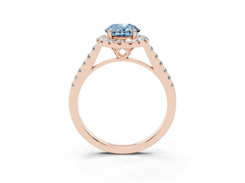 Oval Raised Halo Engagement Ring Setting for a Fancy Blue Lab-Grown Diamond | Pave Band | Rose Gold