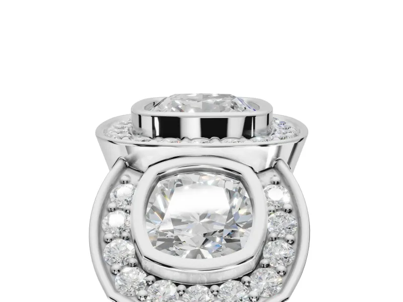 Cushion Cut Three Stone Halo Engagement Ring Setting | Bezel Set | Platinum