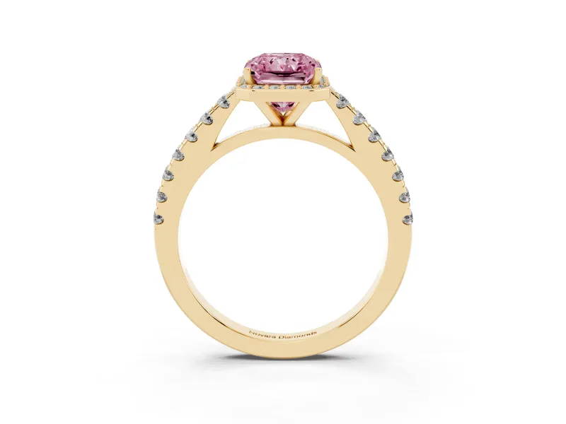 Fancy Pink Radiant Cut Diamond Halo Engagement Ring Set in Yellow gold with Pavé Band and Prong Setting