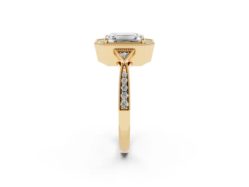 Emerald Cut Vintage Milgrain Halo Engagement Ring Setting | Graduated Pavé Band | Yellow Gold