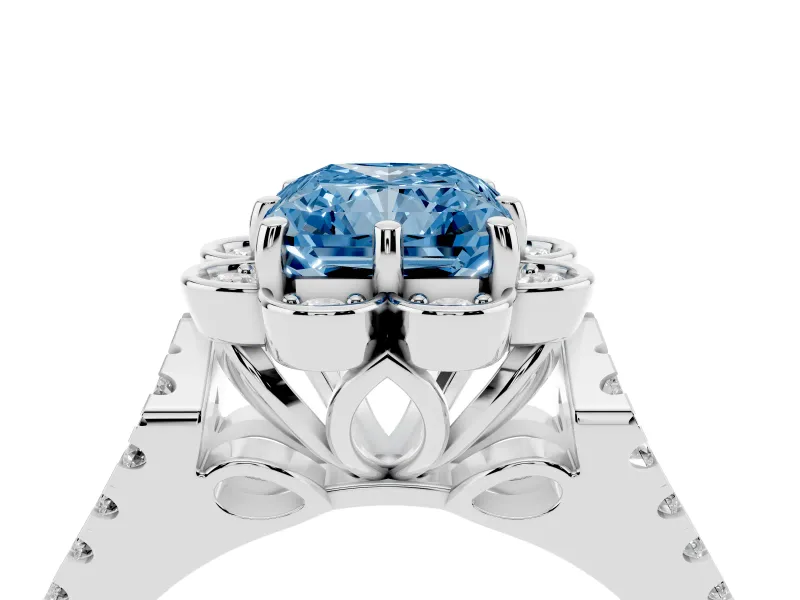 Radiant Cut Floral Halo Engagement Ring Setting for a Fancy Blue Lab-Grown Diamond | Pavé Split Shank | White Gold
