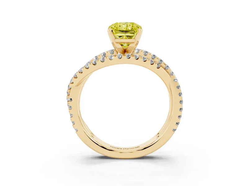 Fancy Yellow Radiant Cut Diamond Solitaire Twist Band Ring Set in Yellow gold with Pavé Setting and Prong Head