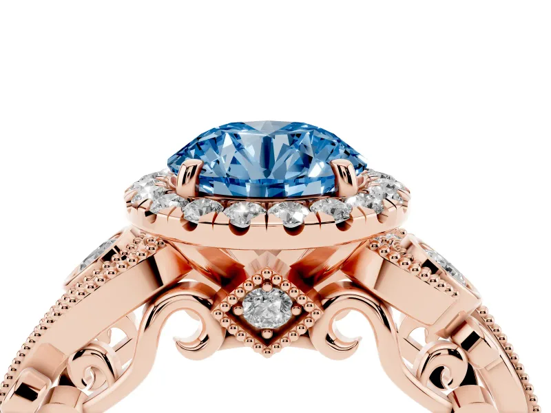 Round Vintage Halo Engagement Ring Setting for a Fancy Blue Lab-Grown Diamond | Rose Gold