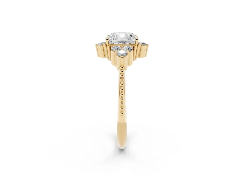 Cushion Cut Vintage Cluster Engagement Ring Setting | Beaded Edges | Yellow Gold