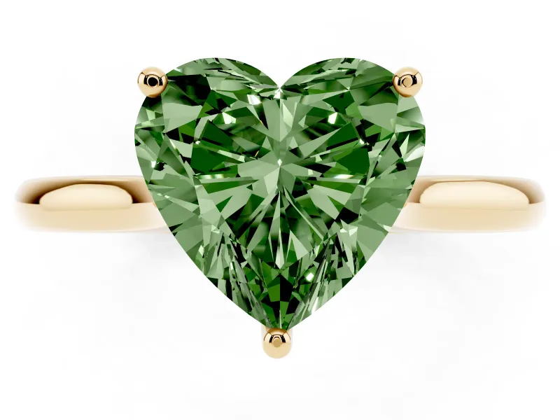 Fancy Green Heart Cut Diamond Solitaire Ring Set in Yellow gold with Cathedral Band and Prong Setting