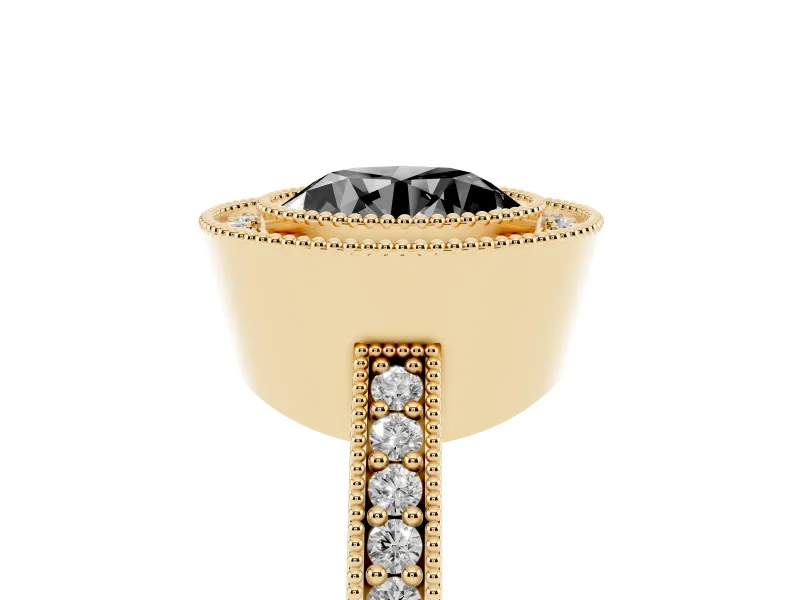 Fancy Black Round Cut Diamond Halo Engagement Ring Set in Yellow gold with Pavé Band and Round Halo Stones