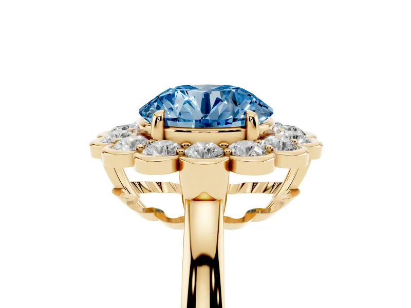 Round Scalloped Cluster Halo Engagement Ring Setting for a Fancy Blue Lab-Grown Diamond | Plain Band | Yellow Gold