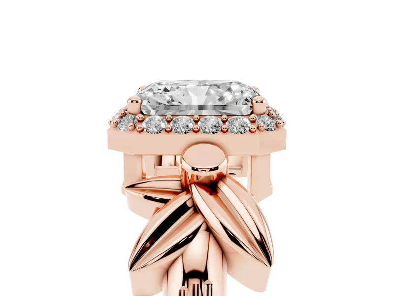 Radiant Cut Floral Halo Engagement Ring Setting | Leaf Shoulders | Rose Gold