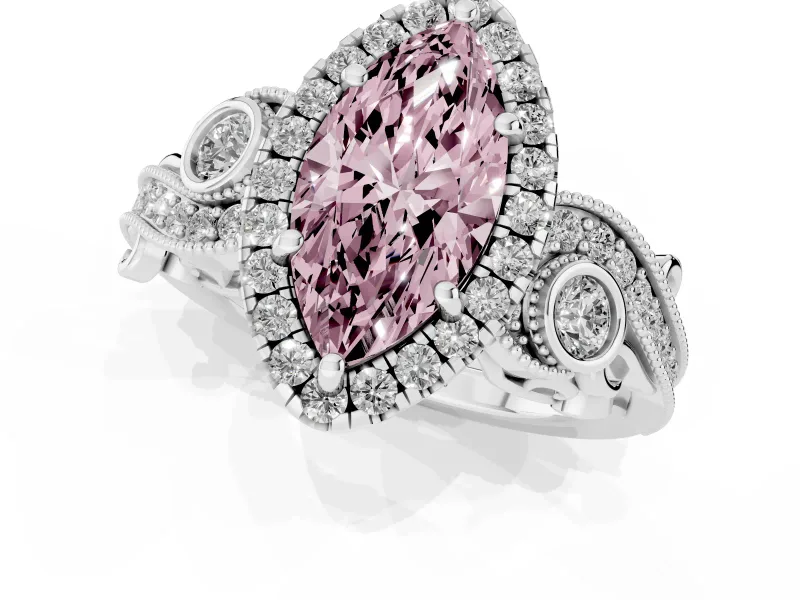 Marquise Vintage Halo Engagement Ring Setting for a Fancy Pink Lab-Grown Diamond | Bezel Shoulder Accents | White Gold
