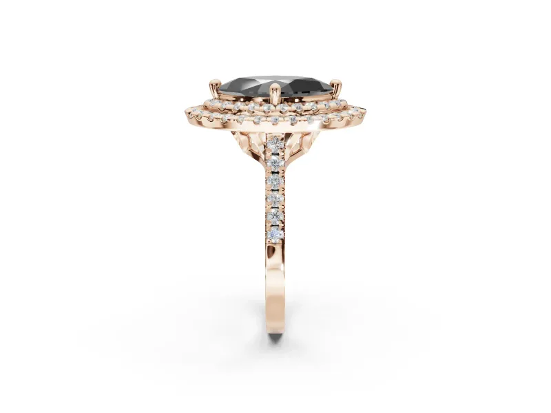 Fancy Black Marquise Lab-Grown Diamond Double Halo Statement Ring Set in Rose Gold with Pavé Band