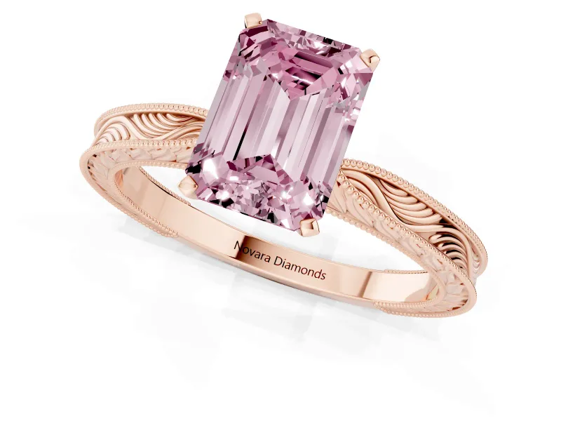 Fancy Pink Emerald Cut Diamond Solitaire Milgrain Engraved Band Set in Rose gold with Prong Setting