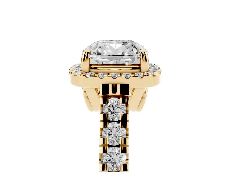 Cushion Cut Halo Engagement Ring Setting | Shared Prong Shoulders | Yellow Gold