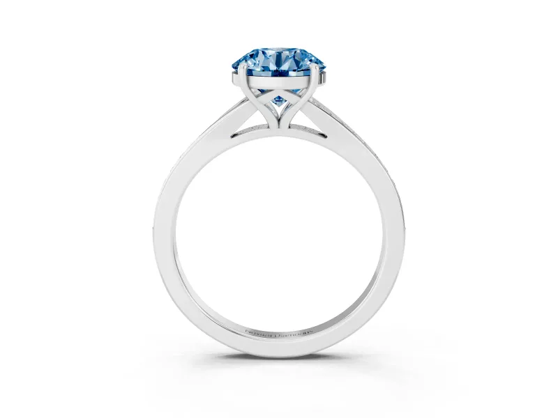 Fancy Blue Round Cut Diamond Solitaire Ring Set in Platinum with Pavé Accent Band and Classic Prong Setting