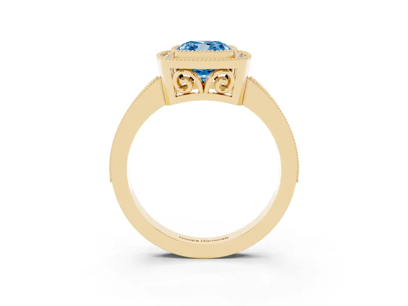Cushion Cut Milgrain Halo Engagement Ring Setting for a Fancy Blue Lab-Grown Diamond | Yellow Gold