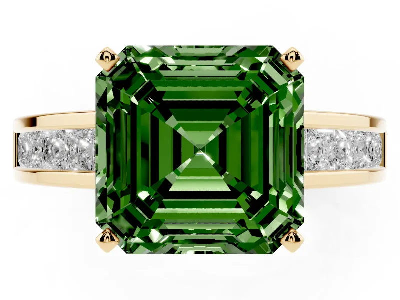 Fancy Green Asscher Cut Diamond Solitaire Ring Set in Yellow gold with Channel-Set Band and Prong Setting