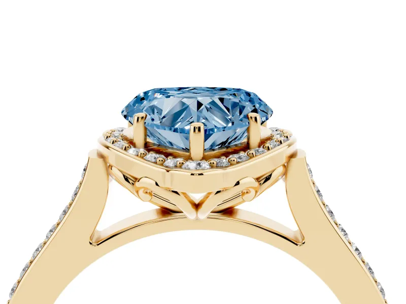 Heart-Shaped Petal Tip Halo Engagement Ring Setting for a Fancy Blue Lab-Grown Diamond | Pavé Band | Yellow Gold