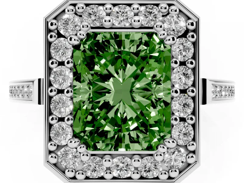 Radiant Cut Halo Engagement Ring Setting for a Fancy Green Lab-Grown Diamond | Polished Halo Rim | Platinum