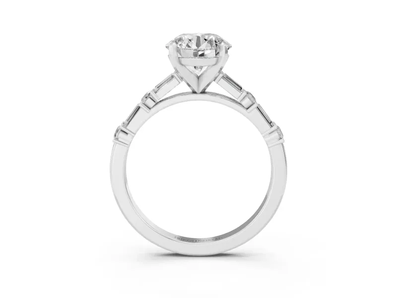 Round Cut Diamond Solitaire Set in Silver with Side Baguettes and Channel Set Band
