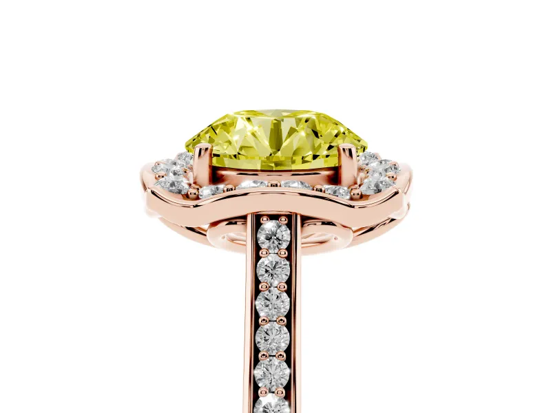 Round Halo Engagement Ring Setting for a Fancy Yellow Lab-Grown Diamond | Petal Tips | Rose Gold