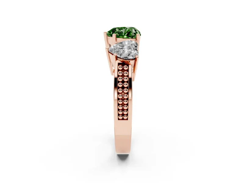 Heart-Shaped Three Stone Engagement Ring Setting for a Fancy Green Lab-Grown Diamond | Beaded Shoulders | Rose Gold