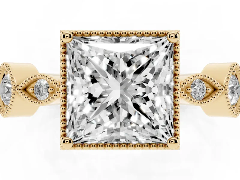 Princess Cut Diamond Vintage-Inspired Milgrain Ring Set in Yellow gold with Marquise Stations of Round Accents