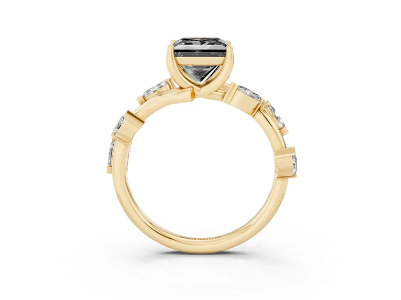 Princess Cut Twisted Vine Engagement Ring Setting for a Black Center | Marquise Leaves | Yellow Gold