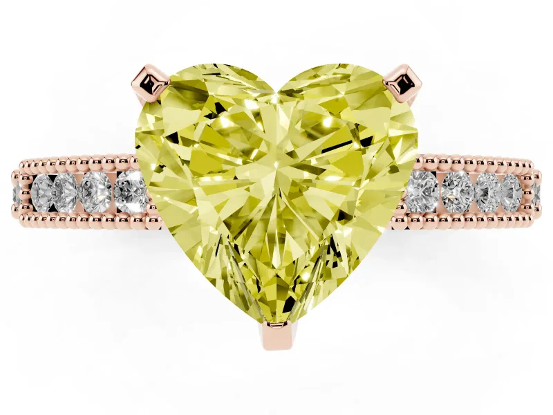 Fancy Yellow Heart Cut Diamond Solitaire Ring Set in Rose gold with Slim Pavé Band and Prong Setting