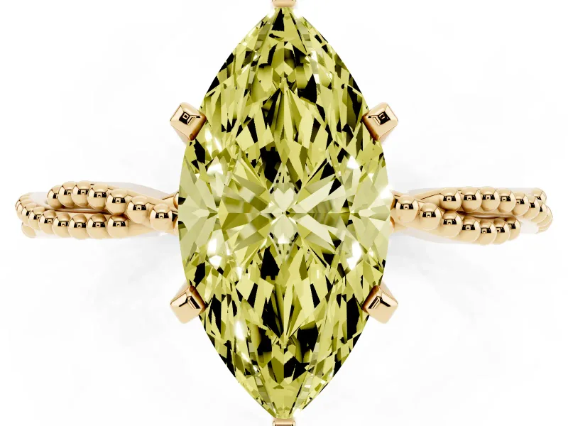 Fancy Yellow Marquise Cut Diamond Solitaire Ring Set in Yellow gold with Twisted Band and Bead Prong Setting