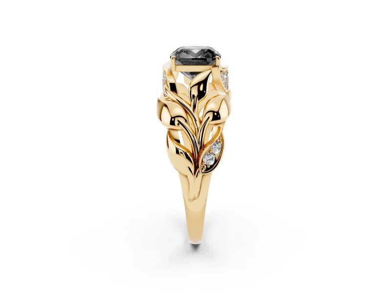 Cushion Cut Leaf Bypass Engagement Ring Setting for a Black Center | Pavé Leaf Accents | Yellow Gold