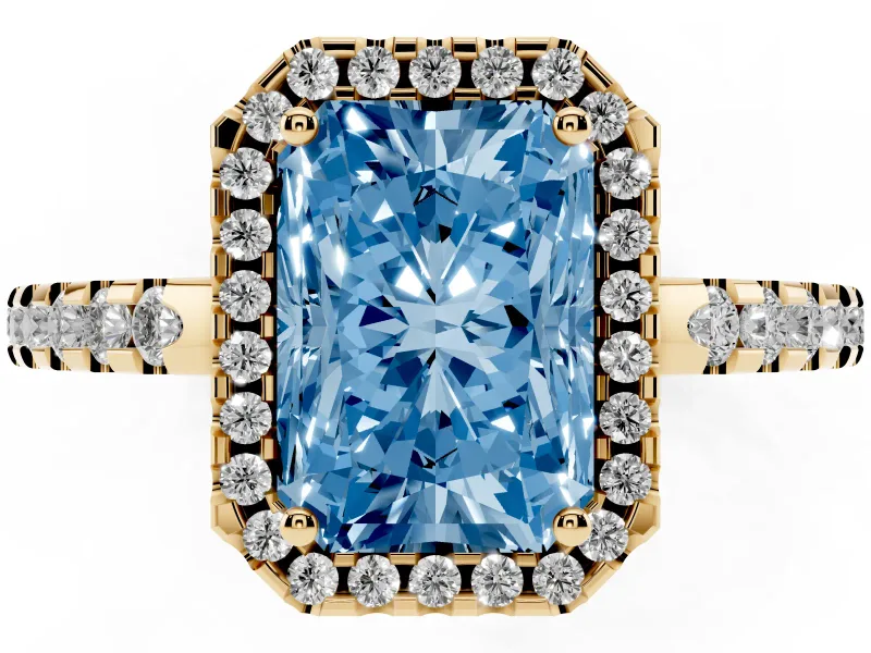 Radiant Cut Pave Halo Engagement Ring Setting for a Fancy Blue Lab-Grown Diamond | Yellow Gold