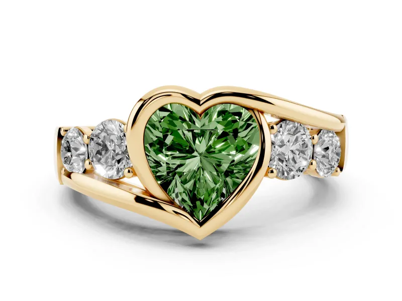 Fancy Green Heart Cut Diamond Bezel Bypass Ring Set in Yellow gold with Round Accents