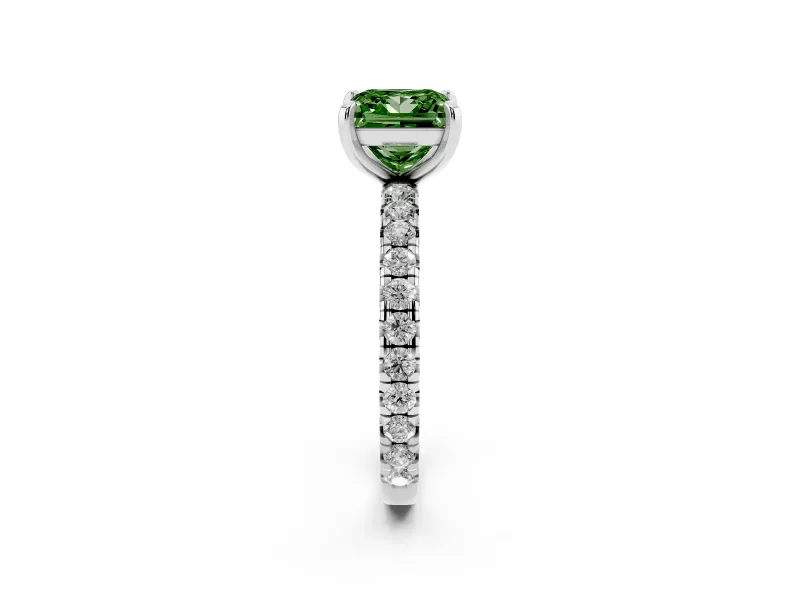 Fancy Green Princess Cut Diamond Pavé Solitaire Ring Set in Platinum with Round Band and Prong Setting