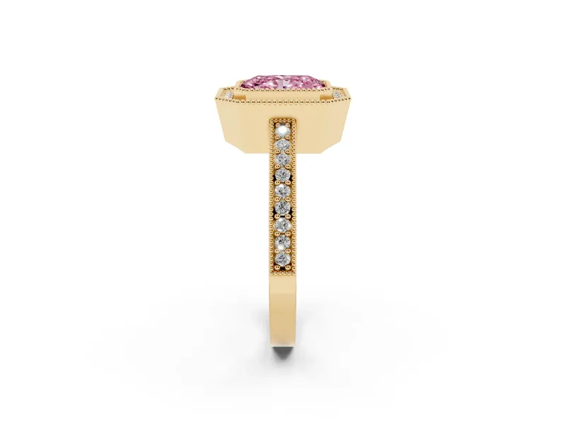 Fancy Pink Radiant Cut Diamond Halo Engagement Ring Set in Yellow gold with Pavé Band and Round Halo Stones