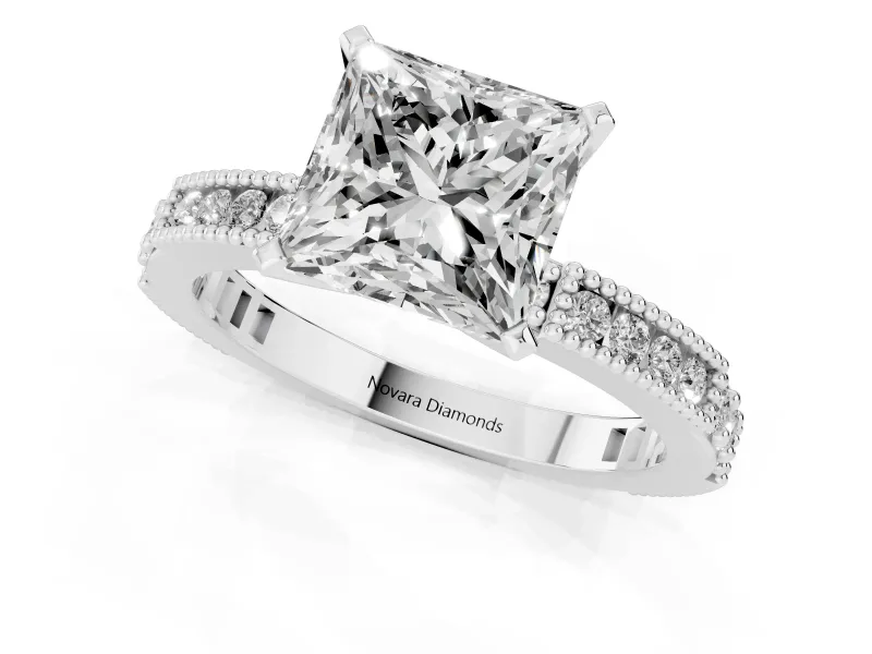 Princess Cut Diamond Solitaire Ring Set in Platinum with Slim Pavé Band and Prong Setting