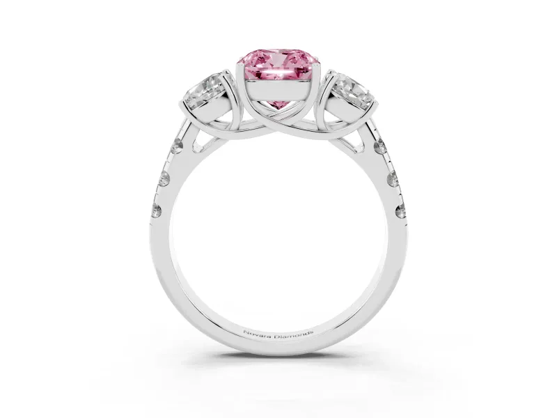 Fancy Pink Cushion Cut Diamond Three-Stone Ring Set in White gold with Pavé Band