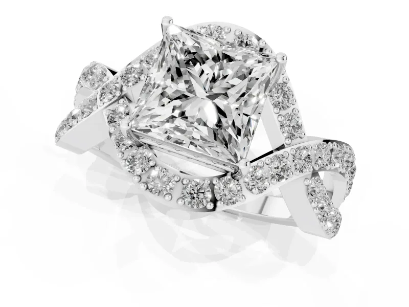 Princess Cut Diamond Solitaire Twist Band Pavé Engagement Ring Set in Silver