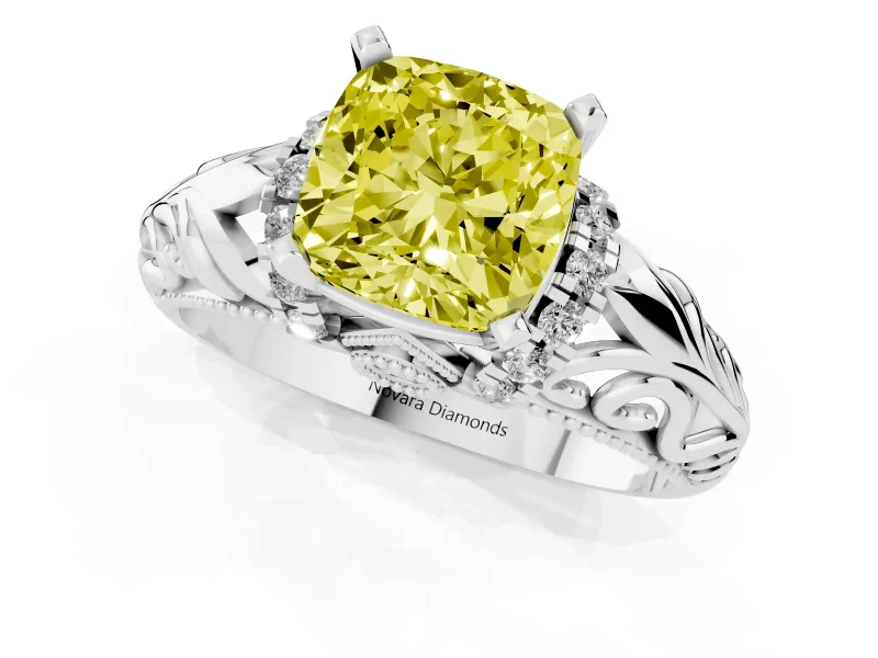 Fancy Yellow Cushion Cut Diamond Filigree Halo Engagement Ring Set in White gold with Prong Setting
